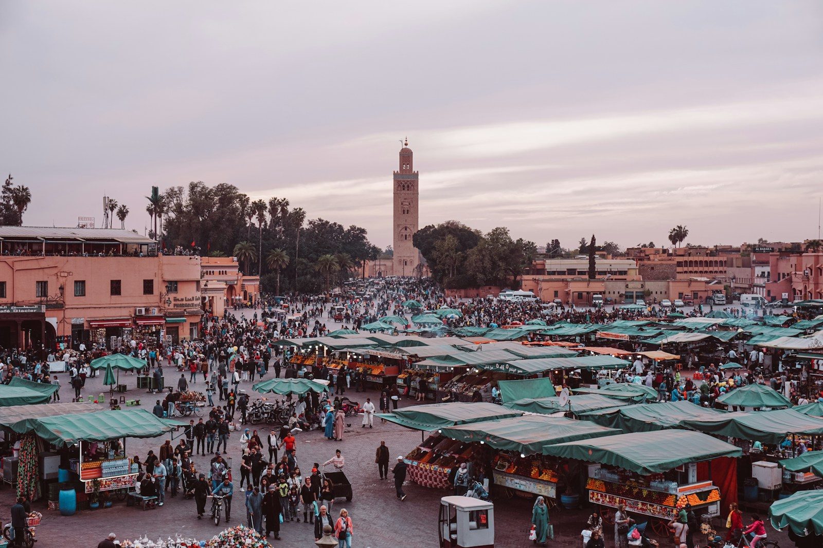 Things to do in Marrakech Morocco with Koutoubia Mosque and Atlas Mountains