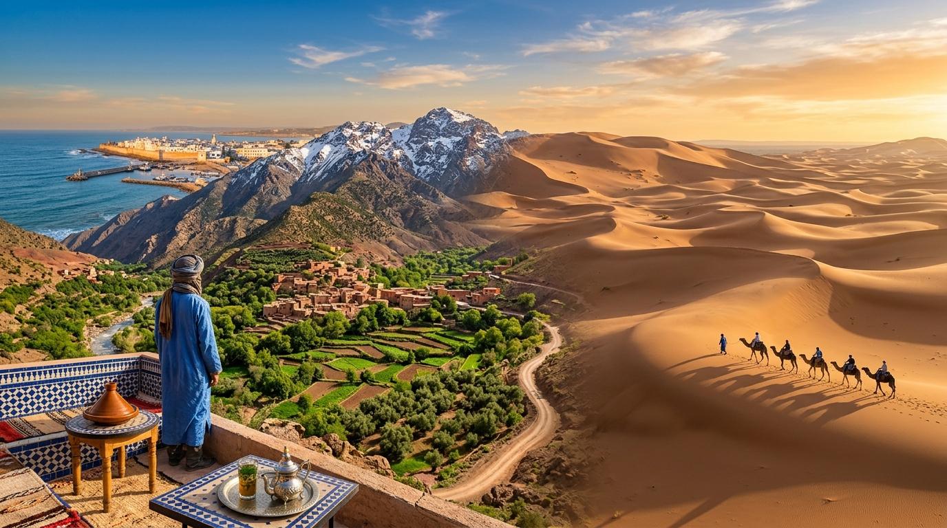 Morocco highlights featuring a camel caravan crossing the golden Sahara Desert at sunset