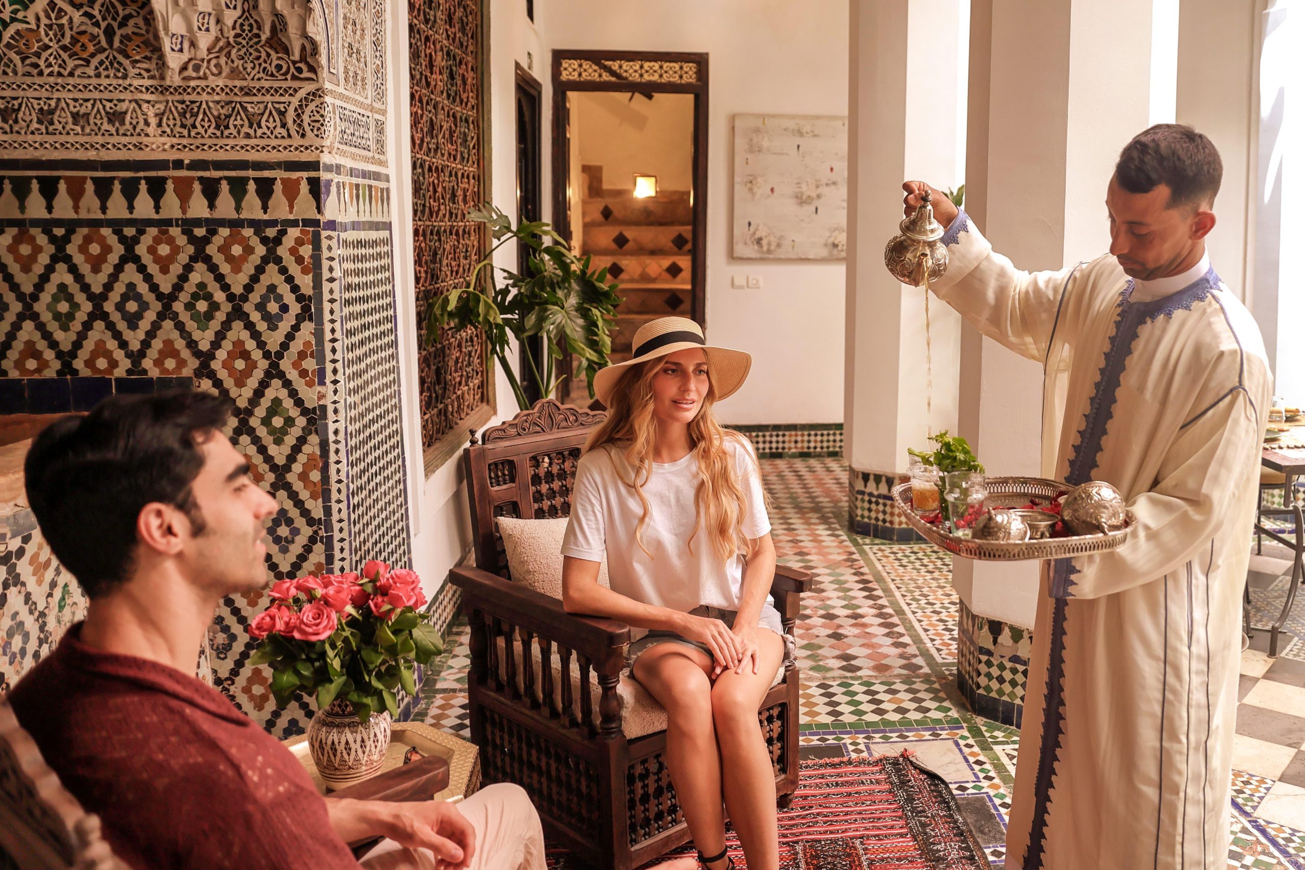 Tipping in Morocco: Moroccan hospitality with mint tea in a traditional riad